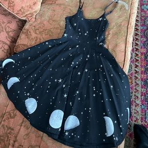 Too Fast black starry celestial dress with phases of the moon lunar cycle